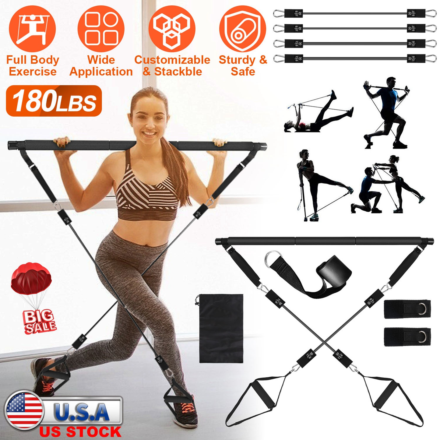 Pilates Bar Kit with 4 Resistance Bands, 100 lb