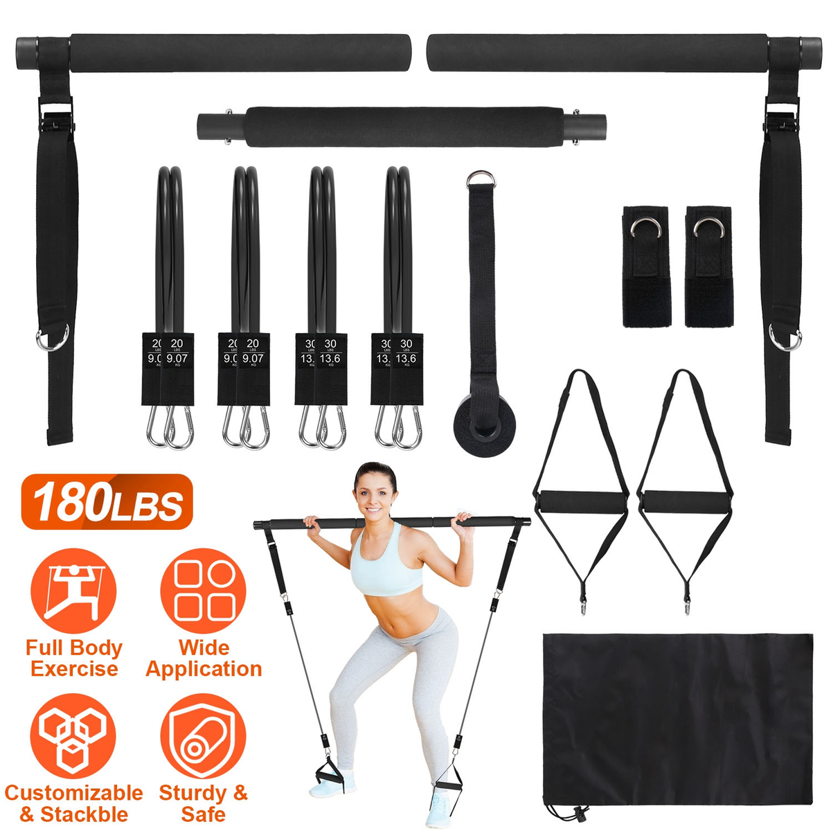 Pilates Bar Kit with 4 Resistance Bands, 100 lb