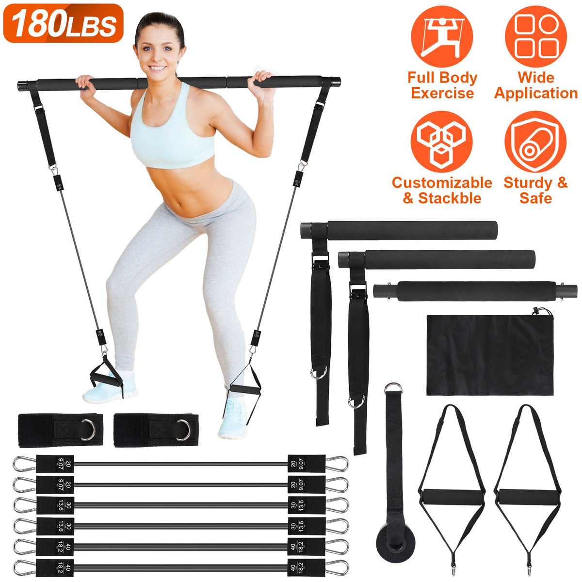 Pilates Bar Kit with 6 Resistance Bands, 180 lb