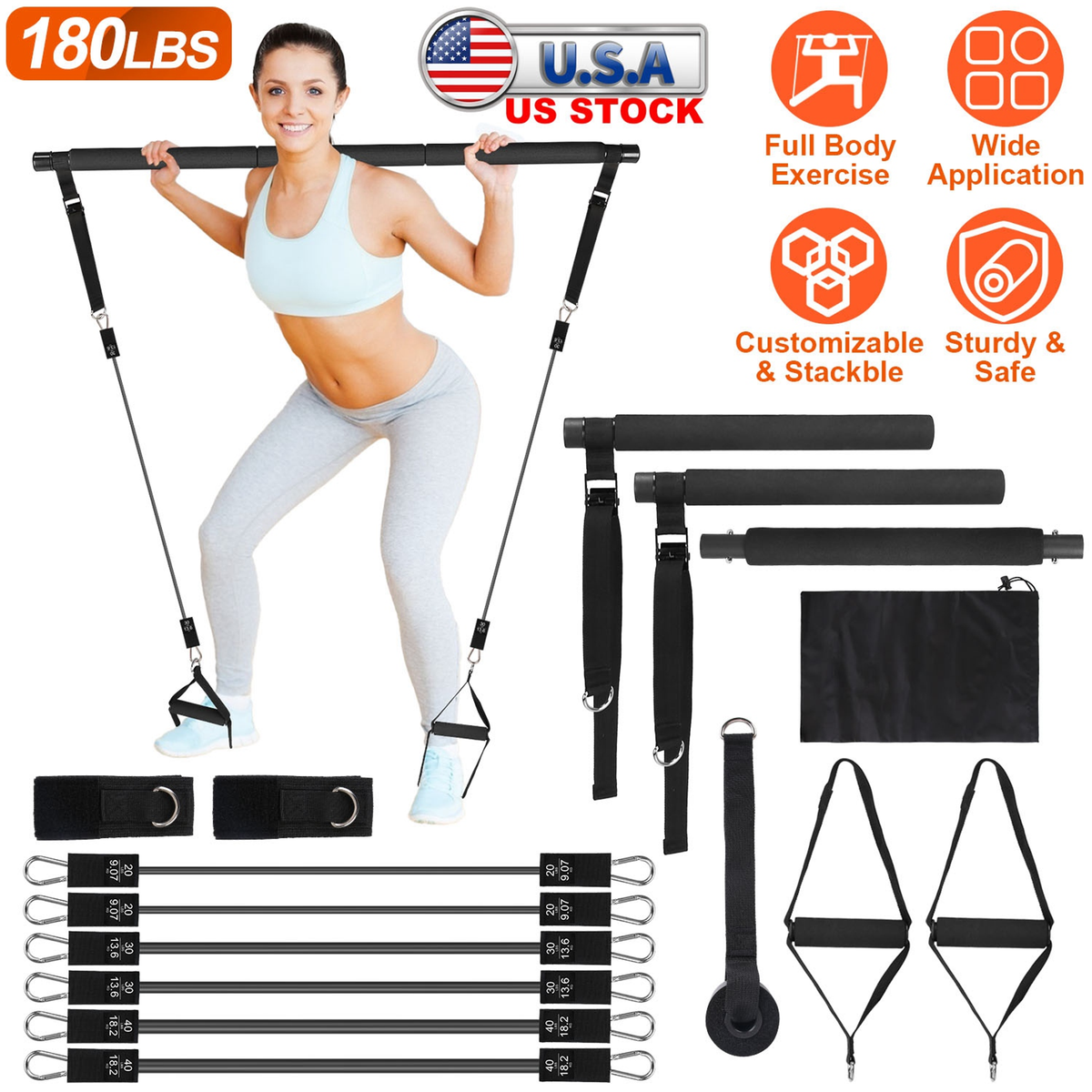 Pilates Bar Kit with 6 Resistance Bands, 180 lb
