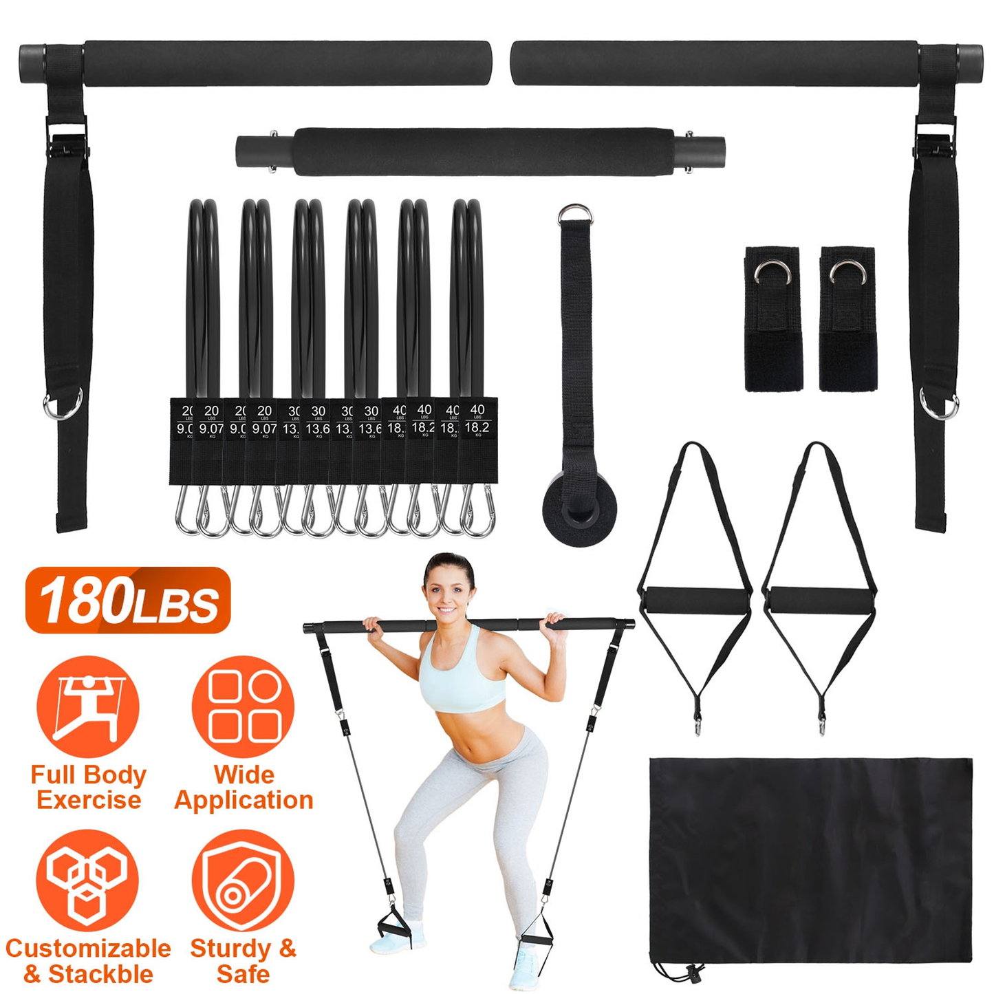 Pilates Bar Kit with 6 Resistance Bands, 180 lb