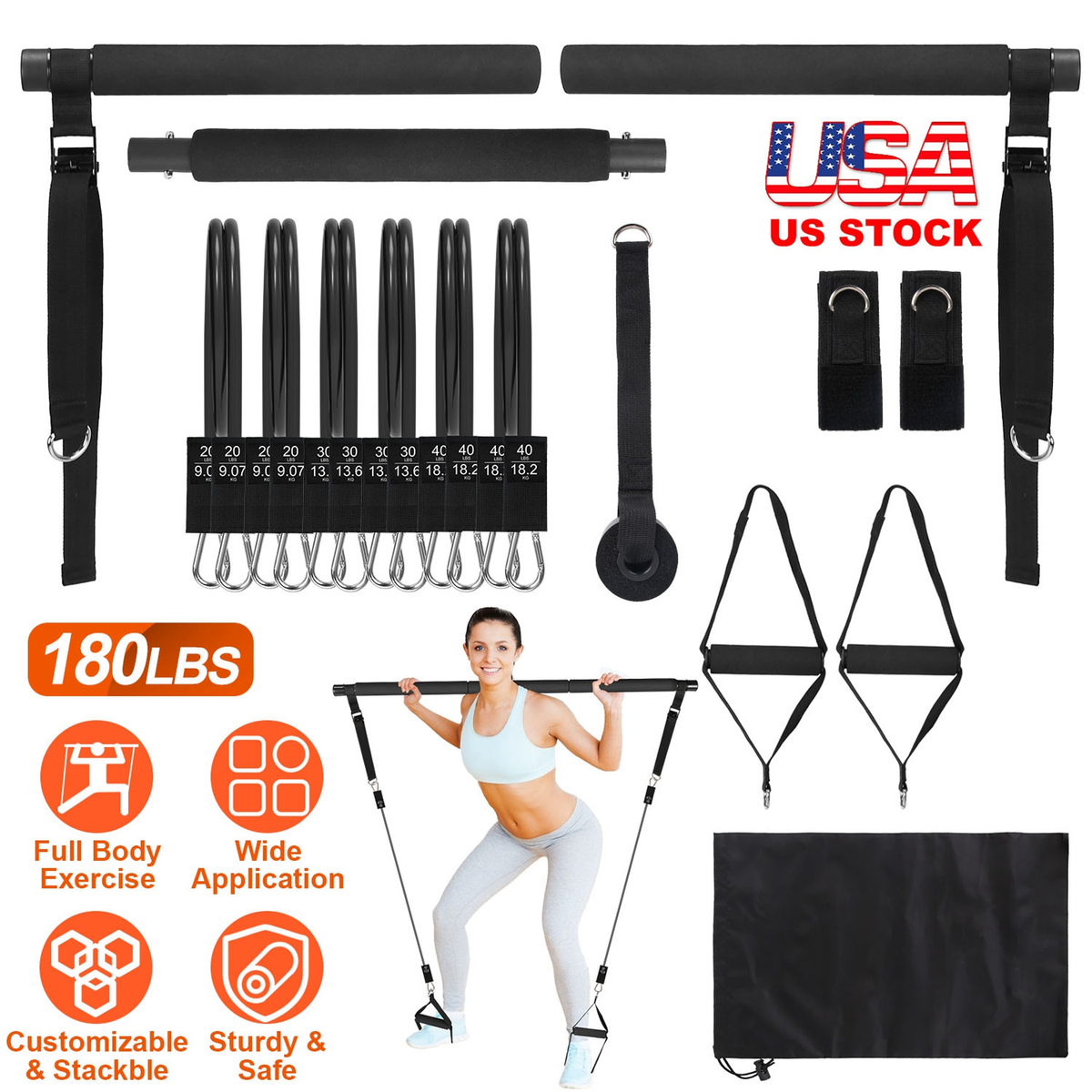 Pilates Bar Kit with 6 Resistance Bands, 180 lb