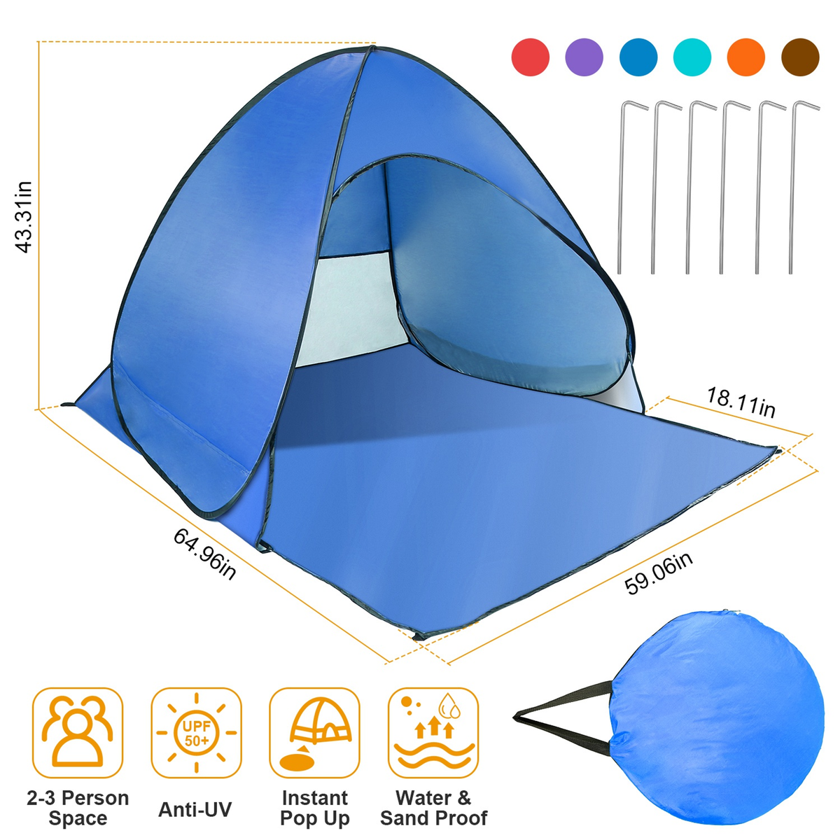 Pop Up Beach Tent Sun Shade 2-3 Person, Blue