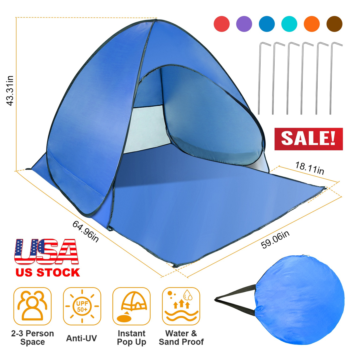 Pop Up Beach Tent Sun Shade 2-3 Person, Blue