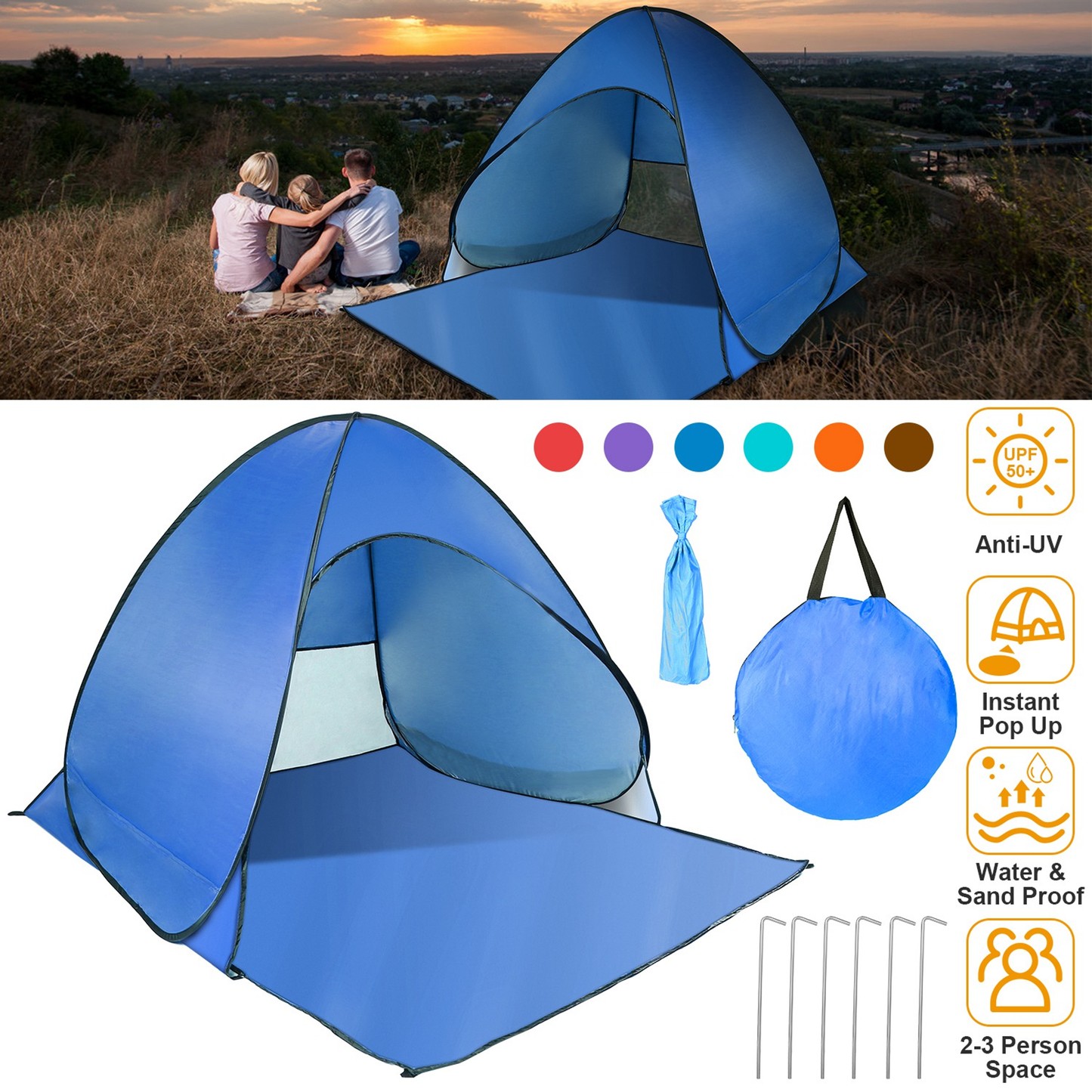 Pop Up Beach Tent Sun Shade 2-3 Person, Blue