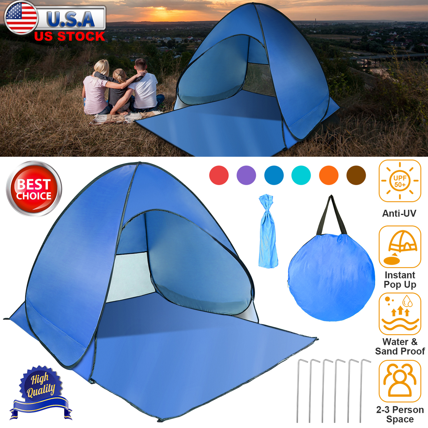 Pop Up Beach Tent Sun Shade 2-3 Person, Blue