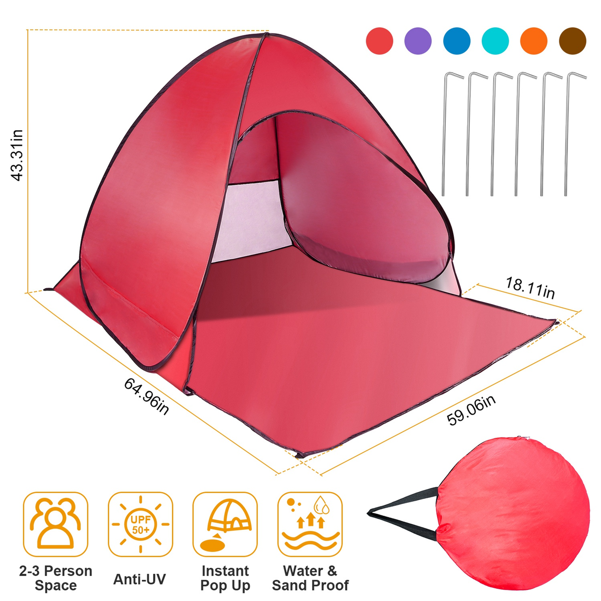 Pop Up Beach Tent Sun Shade 2-3 Person, Red