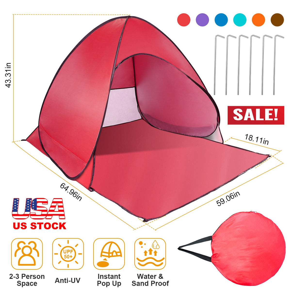 Pop Up Beach Tent Sun Shade 2-3 Person, Red
