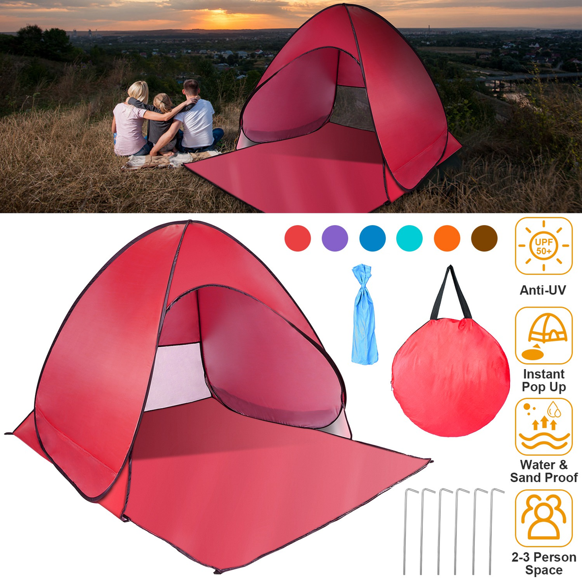 Pop Up Beach Tent Sun Shade 2-3 Person, Red