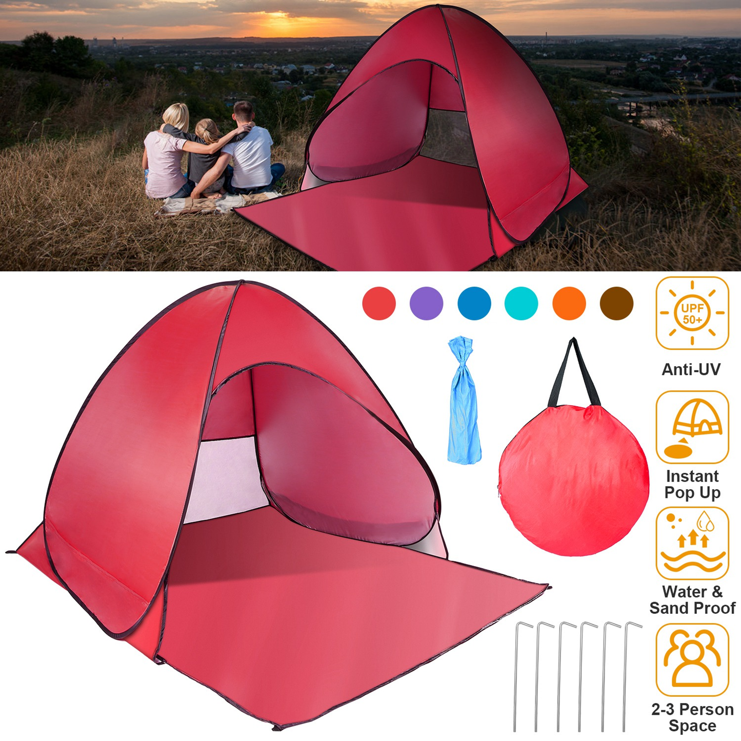 Pop Up Beach Tent Sun Shade 2-3 Person, Red