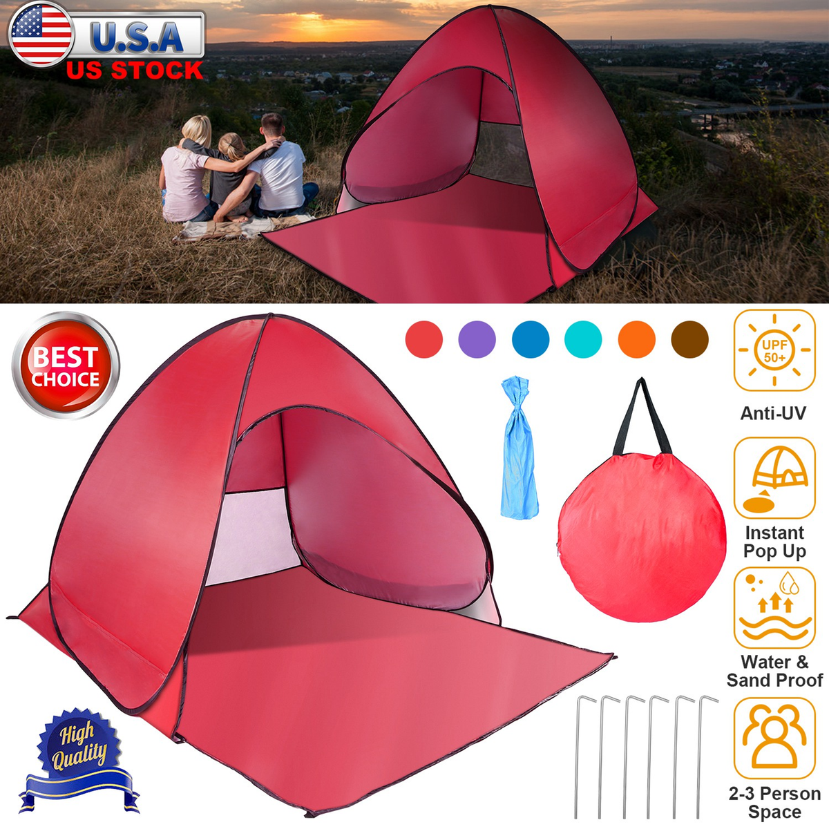 Pop Up Beach Tent Sun Shade 2-3 Person, Red
