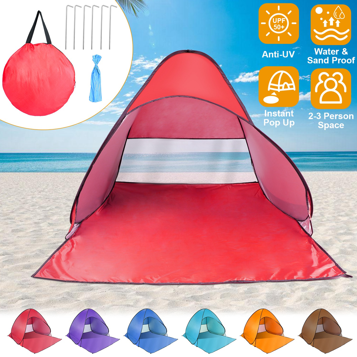 Pop Up Beach Tent Sun Shade 2-3 Person, Red