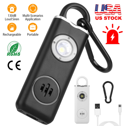 Rechargeable Personal Safety Alarm 130dB with LED Light - White