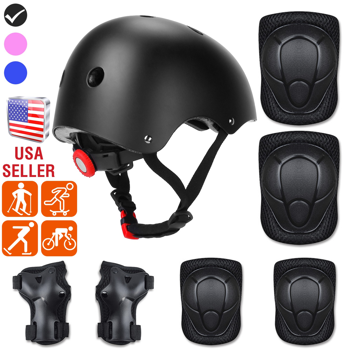 7-Piece Kids Safety Helmet and Pad Set, Black