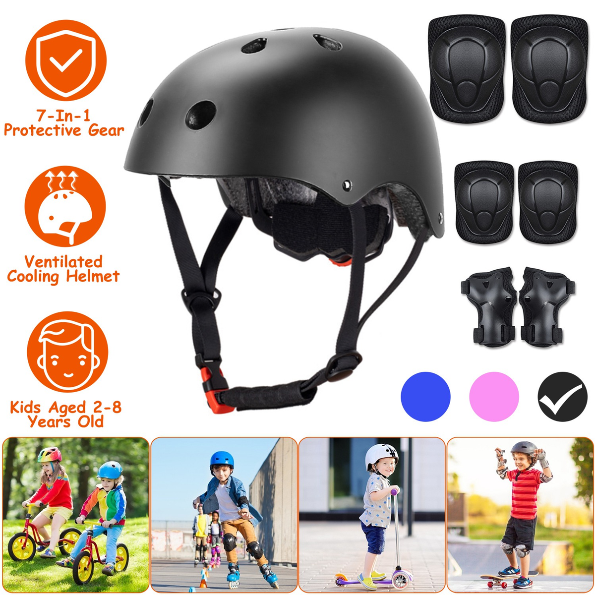 7-Piece Kids Safety Helmet and Pad Set, Black