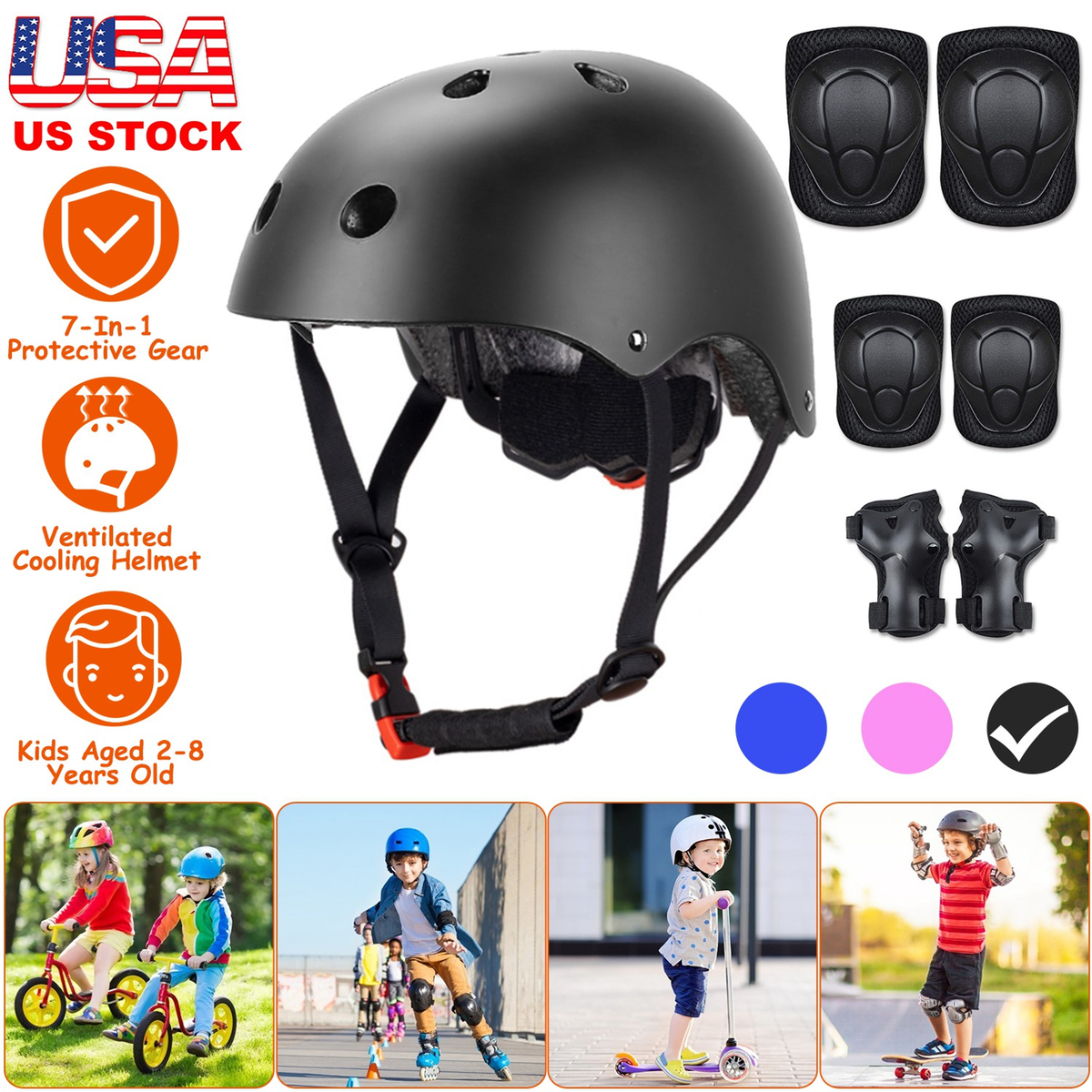 7-Piece Kids Safety Helmet and Pad Set, Black