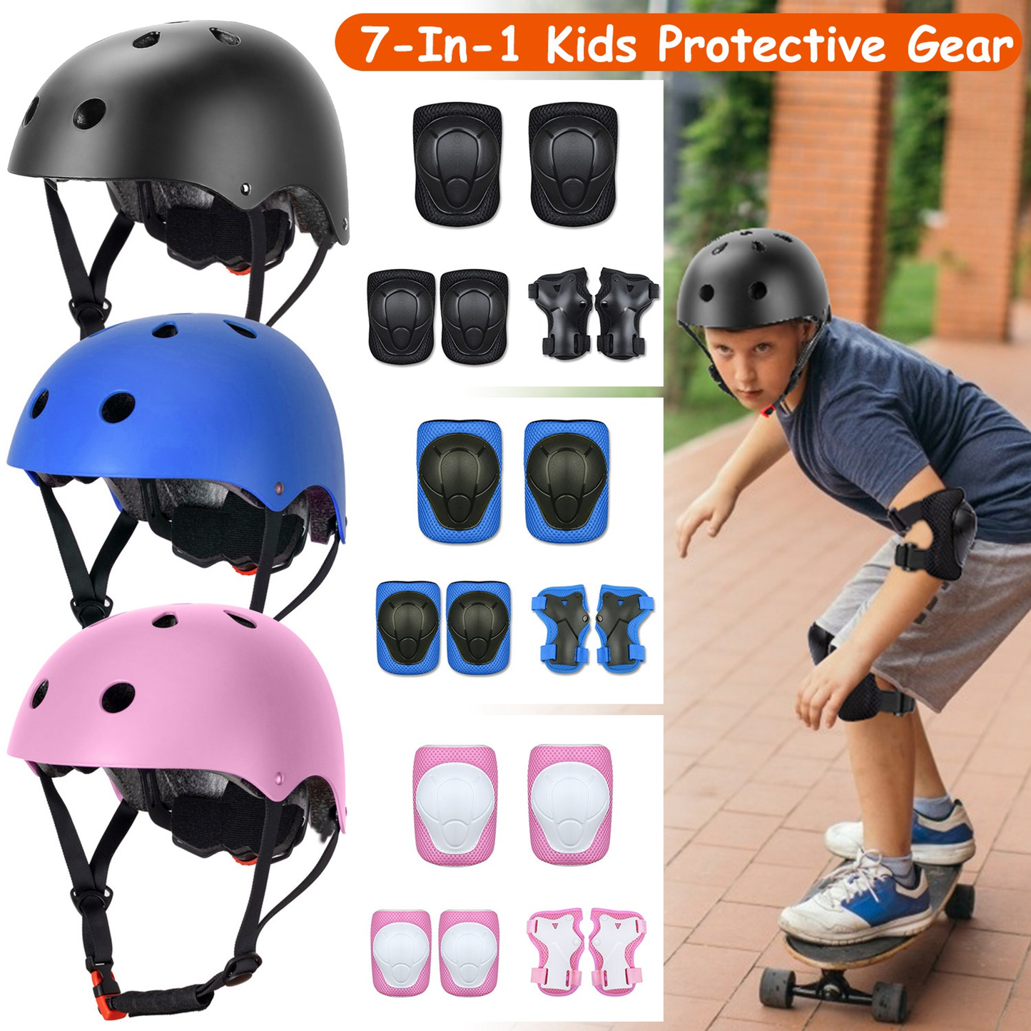 7-Piece Kids Safety Helmet and Pad Set, Black