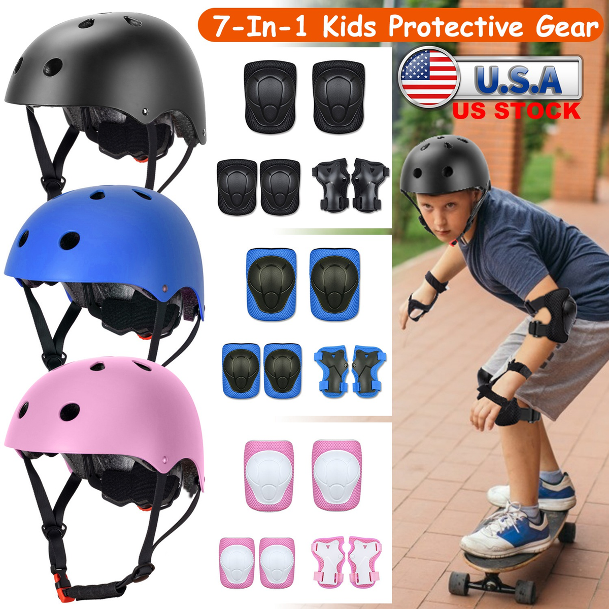 7-Piece Kids Safety Helmet and Pad Set, Black