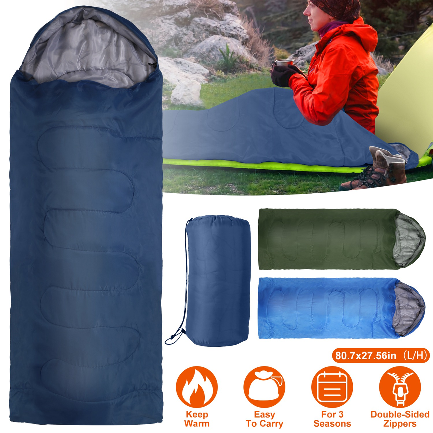 3-Season Camping Sleeping Bag, Navy Blue