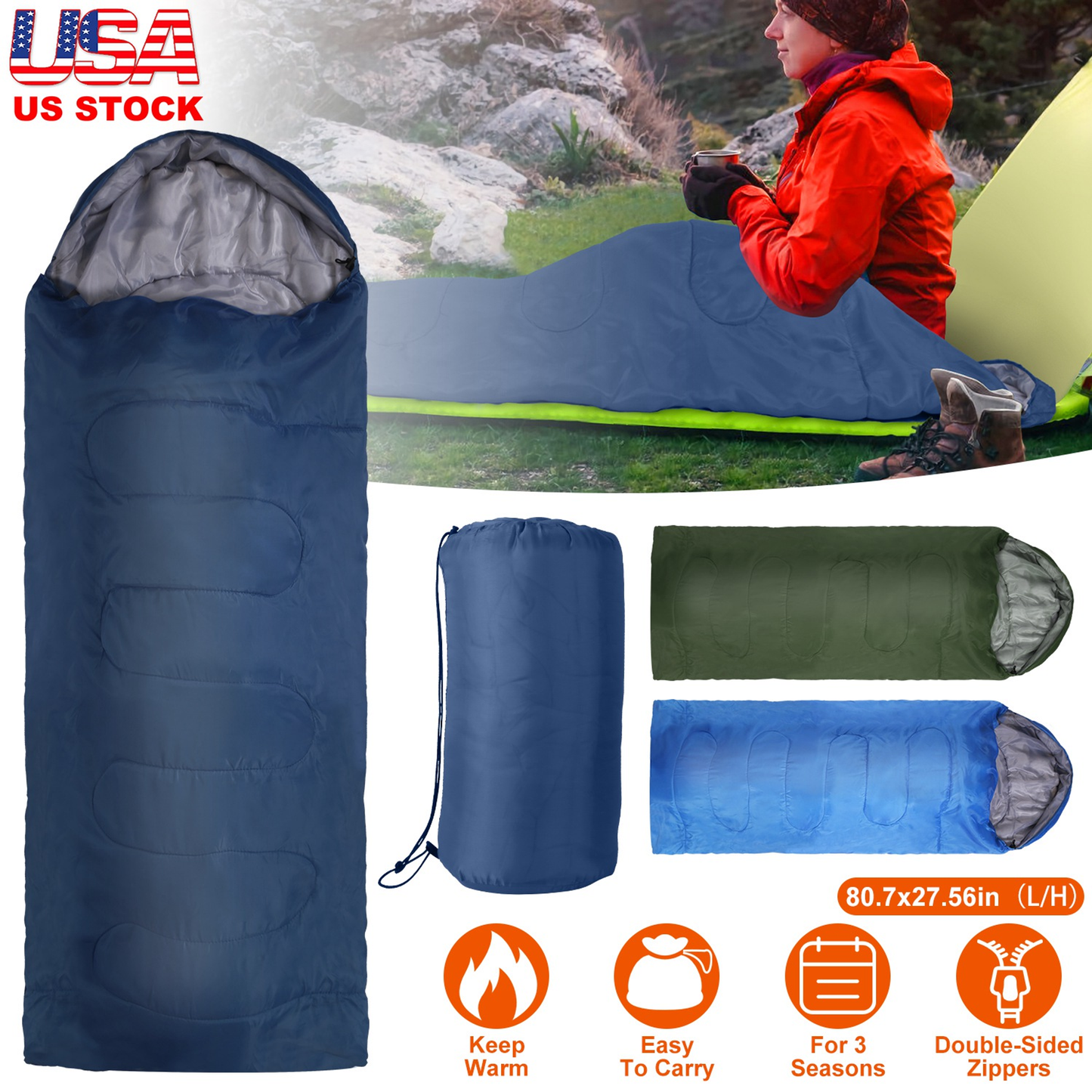 3-Season Camping Sleeping Bag, Navy Blue