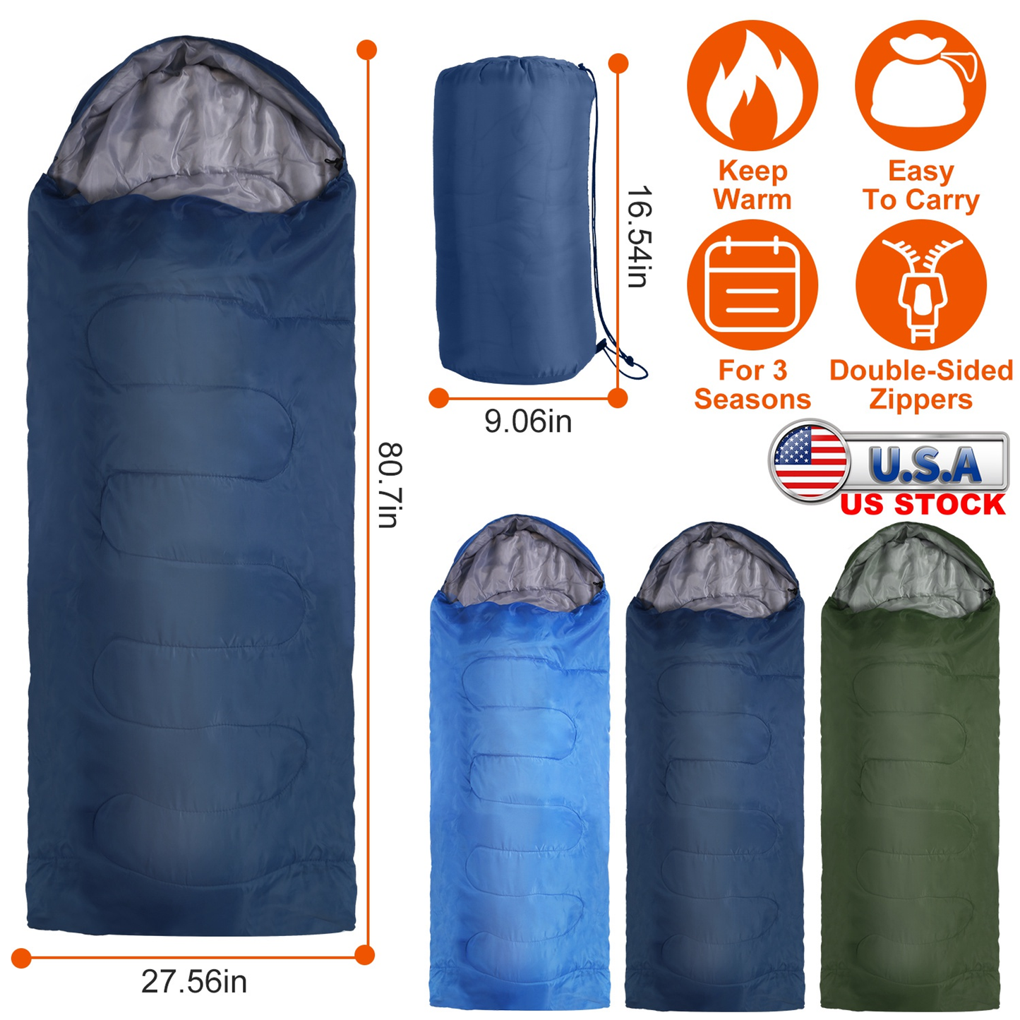 3-Season Camping Sleeping Bag, Navy Blue