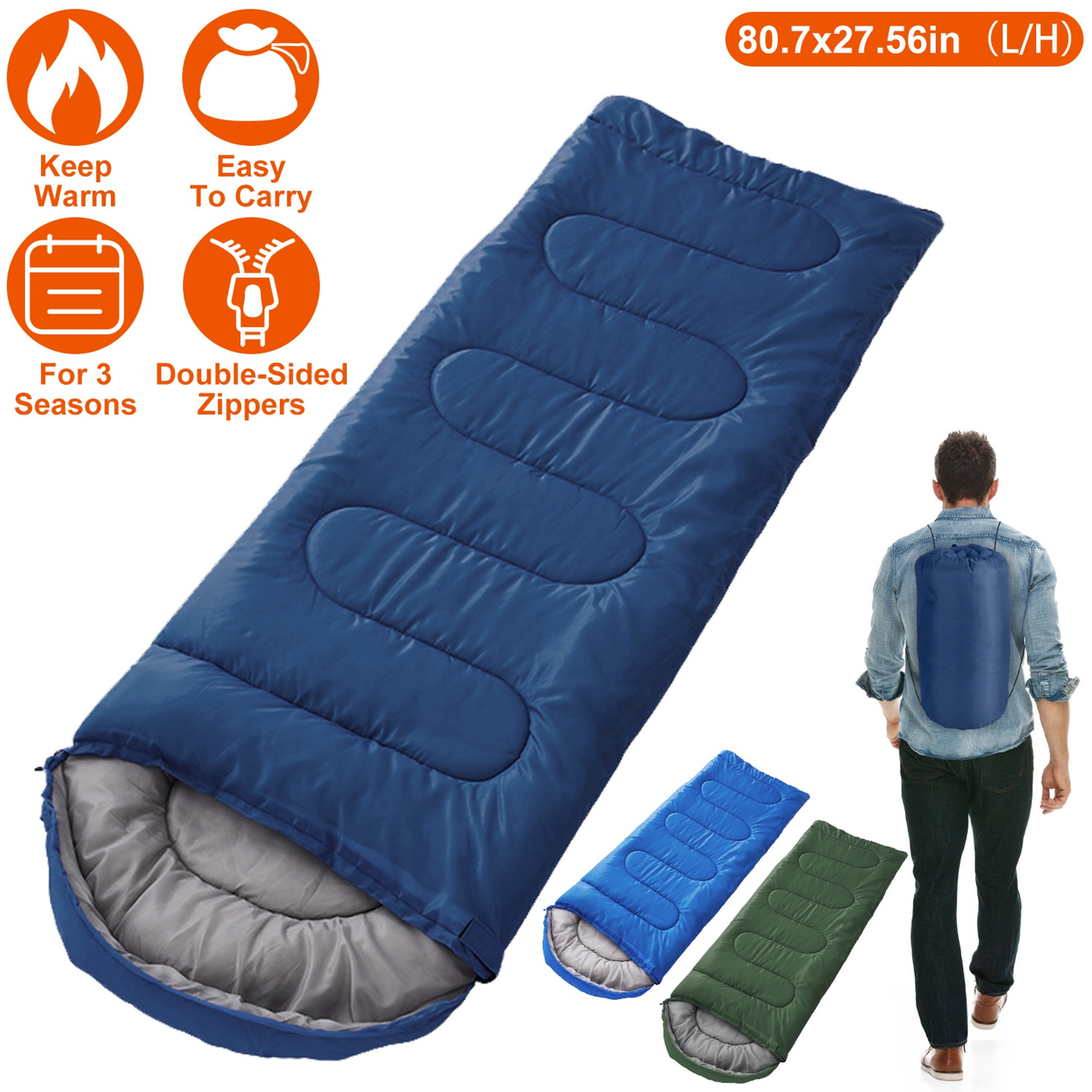 3-Season Camping Sleeping Bag, Navy Blue