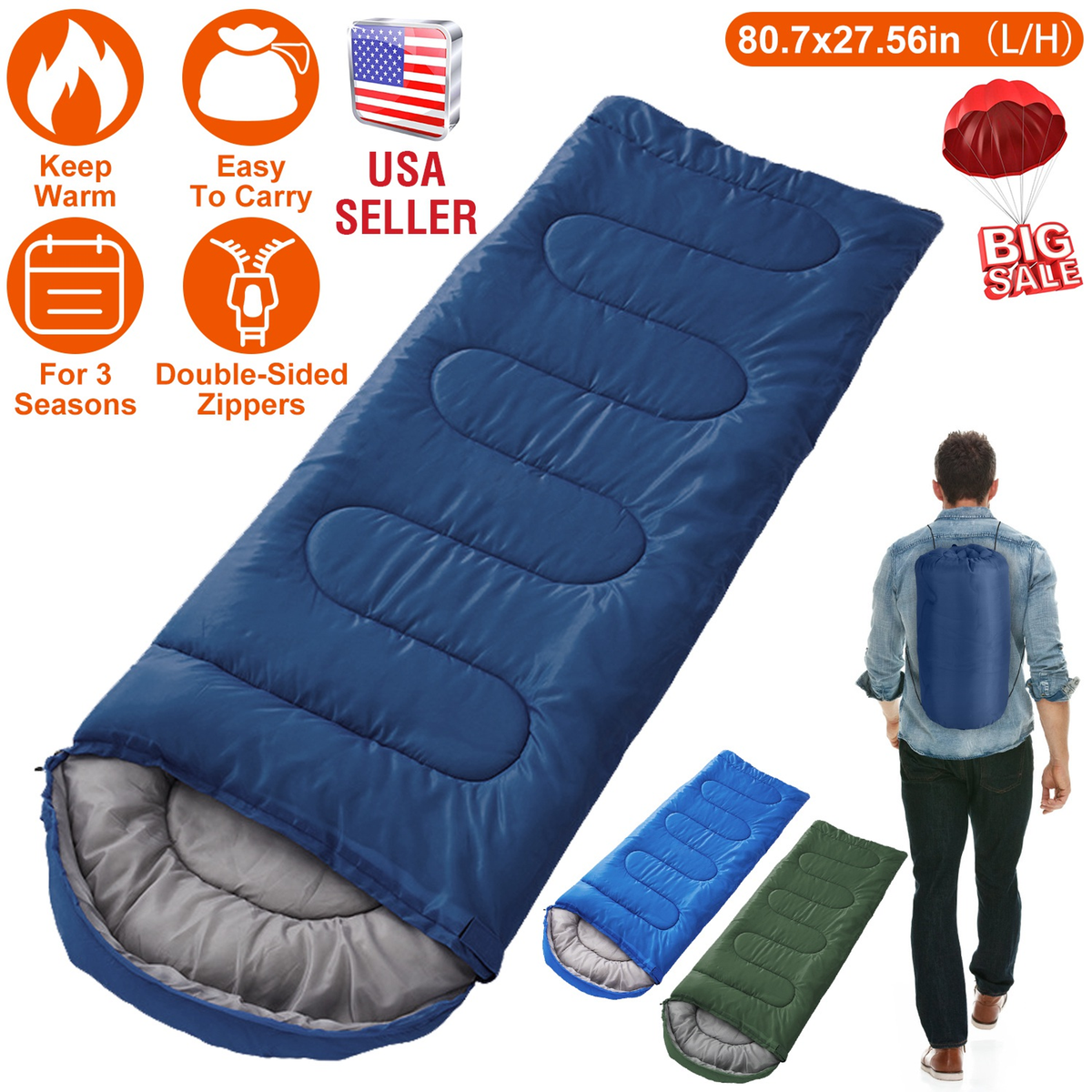 3-Season Camping Sleeping Bag, Navy Blue