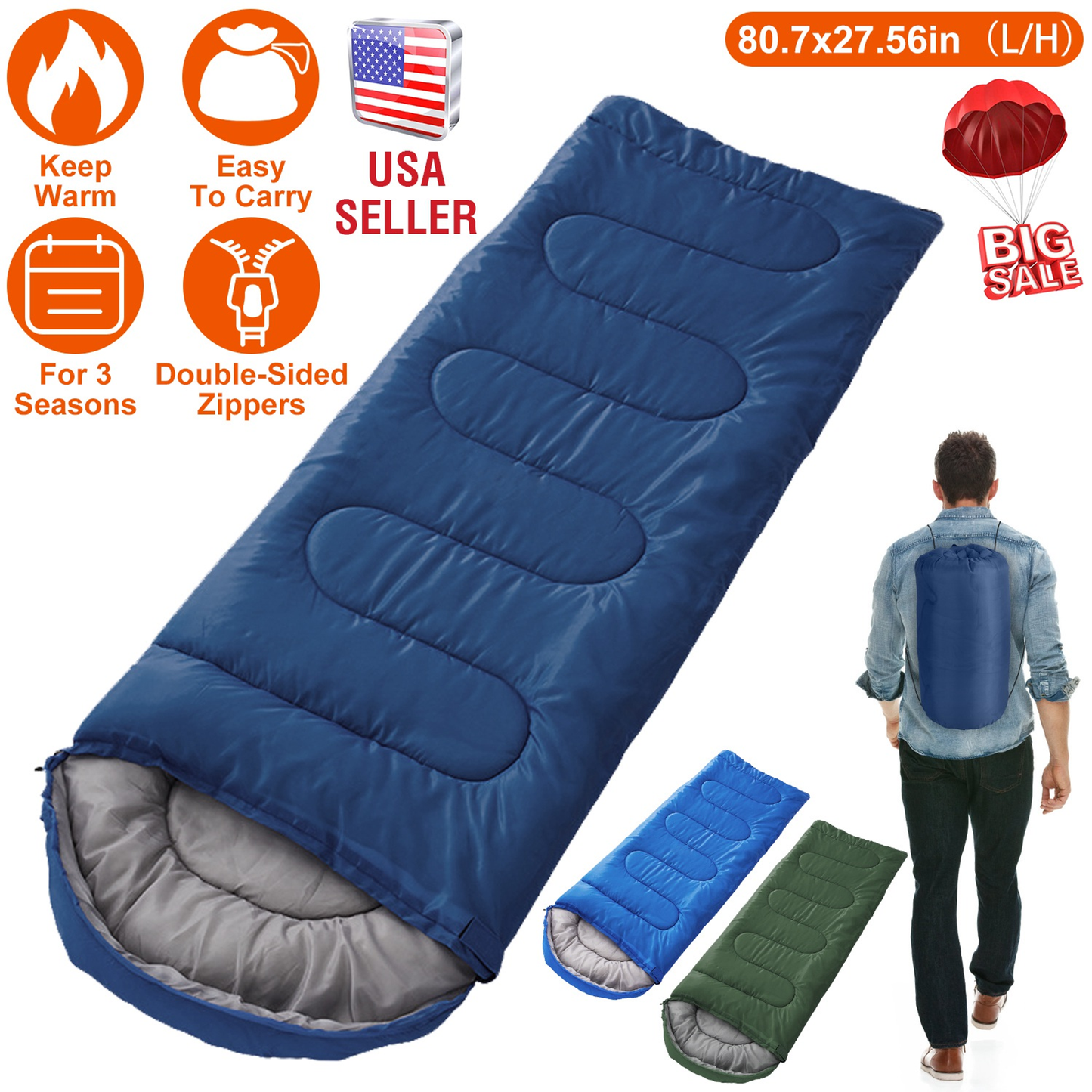 3-Season Camping Sleeping Bag, Navy Blue