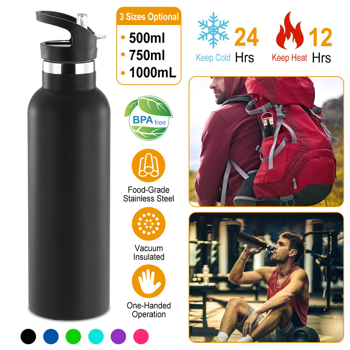 Insulated Stainless Steel Water Bottle, 2 Lids & Straws