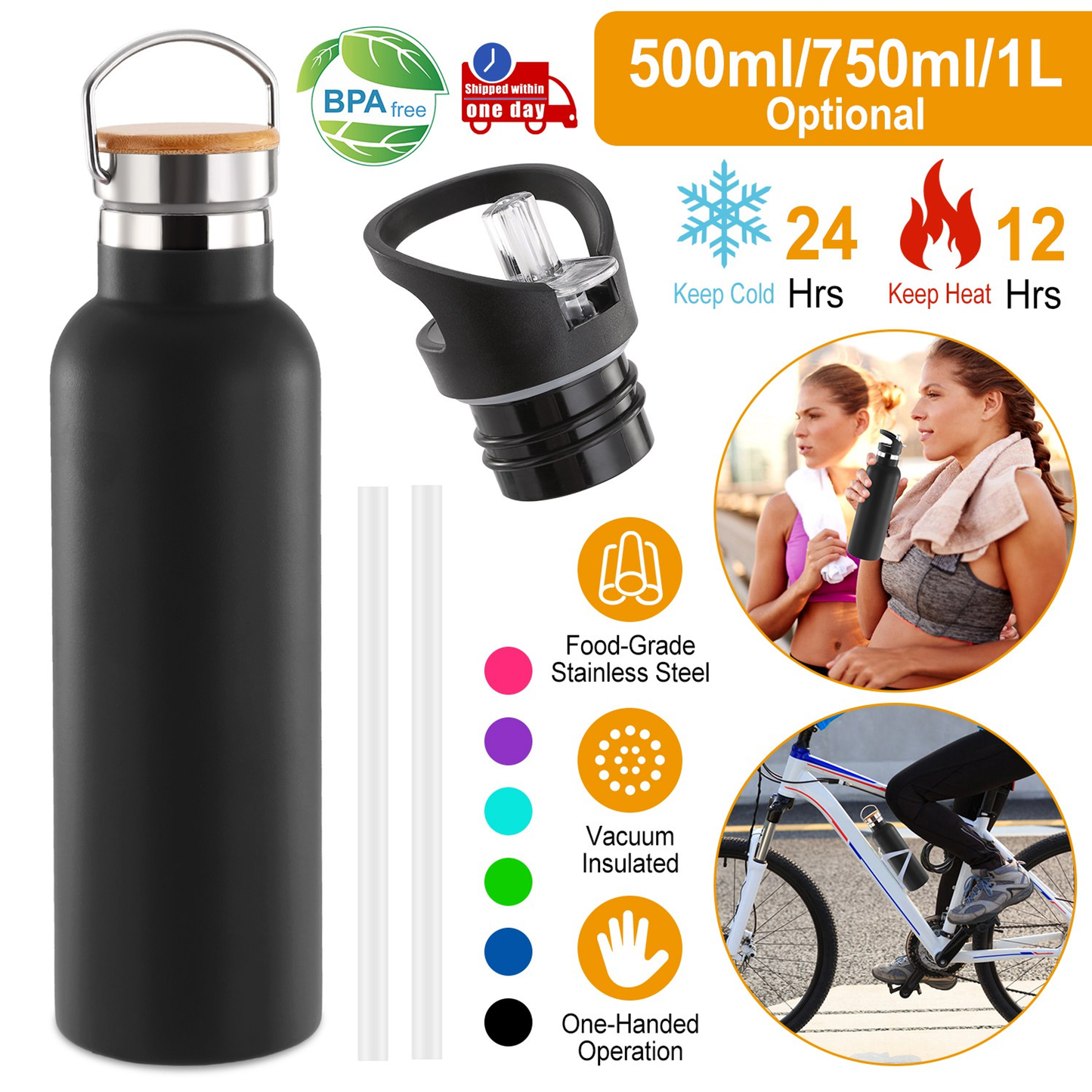 Insulated Stainless Steel Water Bottle, 2 Lids & Straws