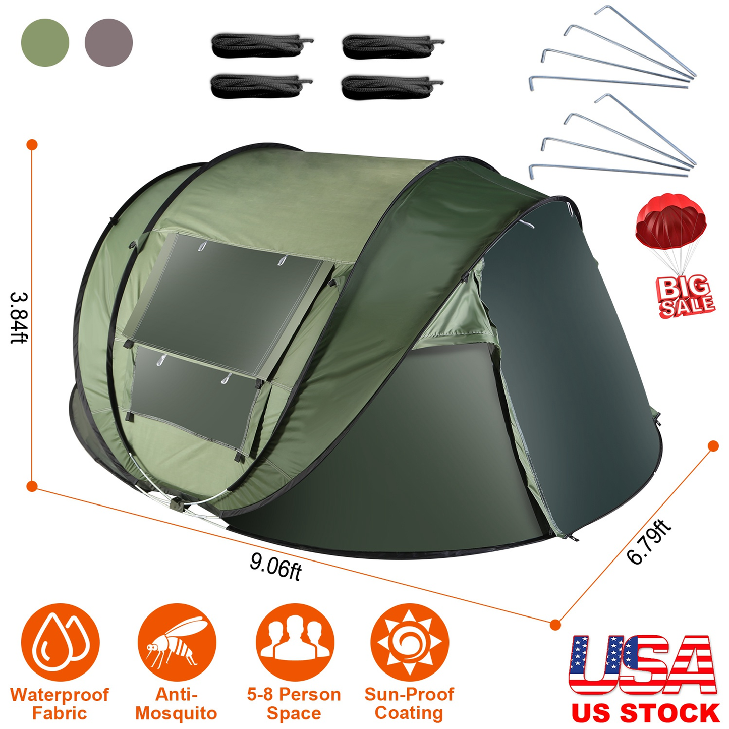 5-8 Person Pop Up Tent Automatic Setup - Green