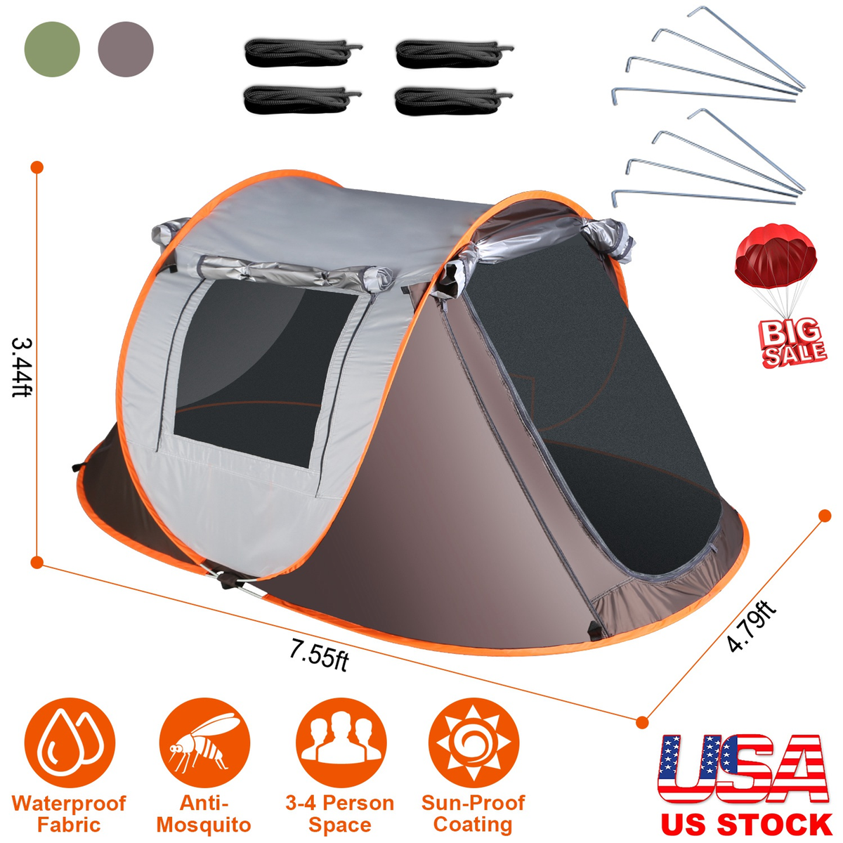 3-4 Person Automatic Pop Up Tent (Khaki)