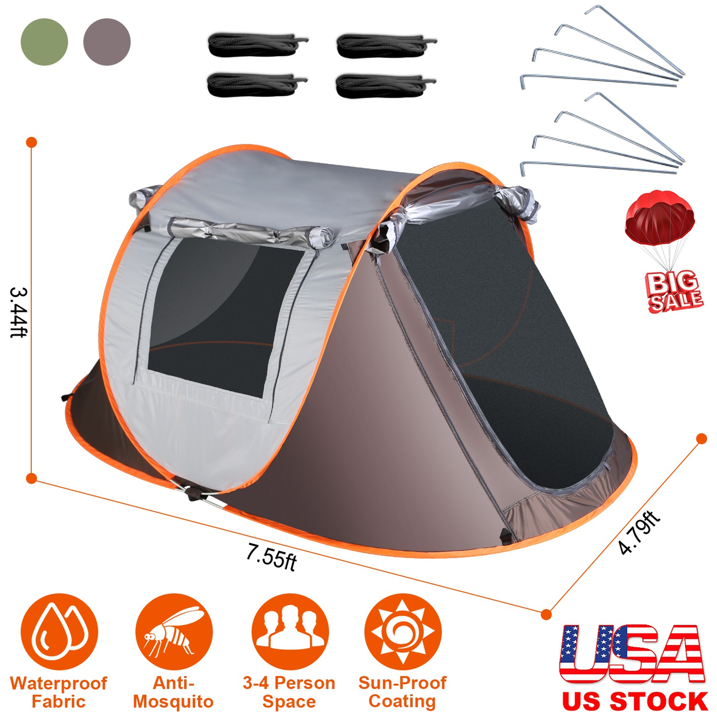 3-4 Person Automatic Pop Up Tent (Khaki)