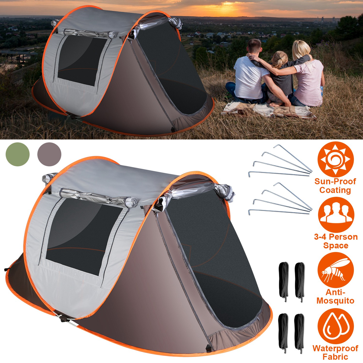 3-4 Person Automatic Pop Up Tent (Khaki)