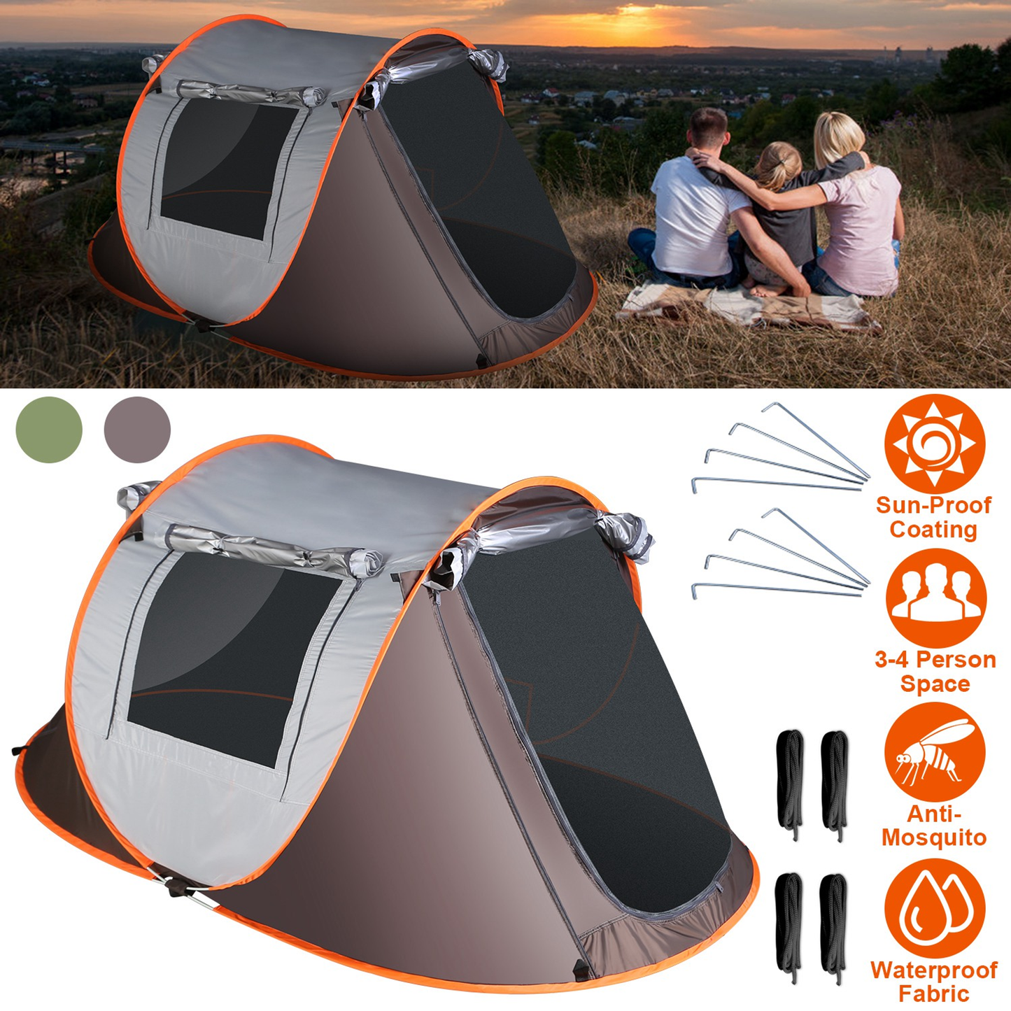 3-4 Person Automatic Pop Up Tent (Khaki)