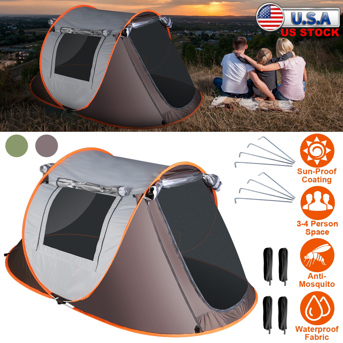 3-4 Person Automatic Pop Up Tent (Khaki)