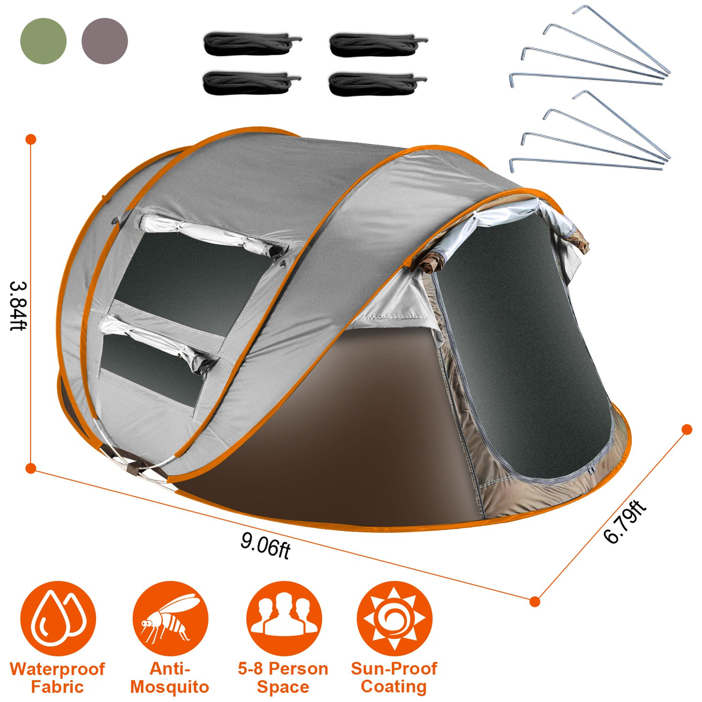 5-8 Person Pop Up Tent Automatic Setup - Khaki
