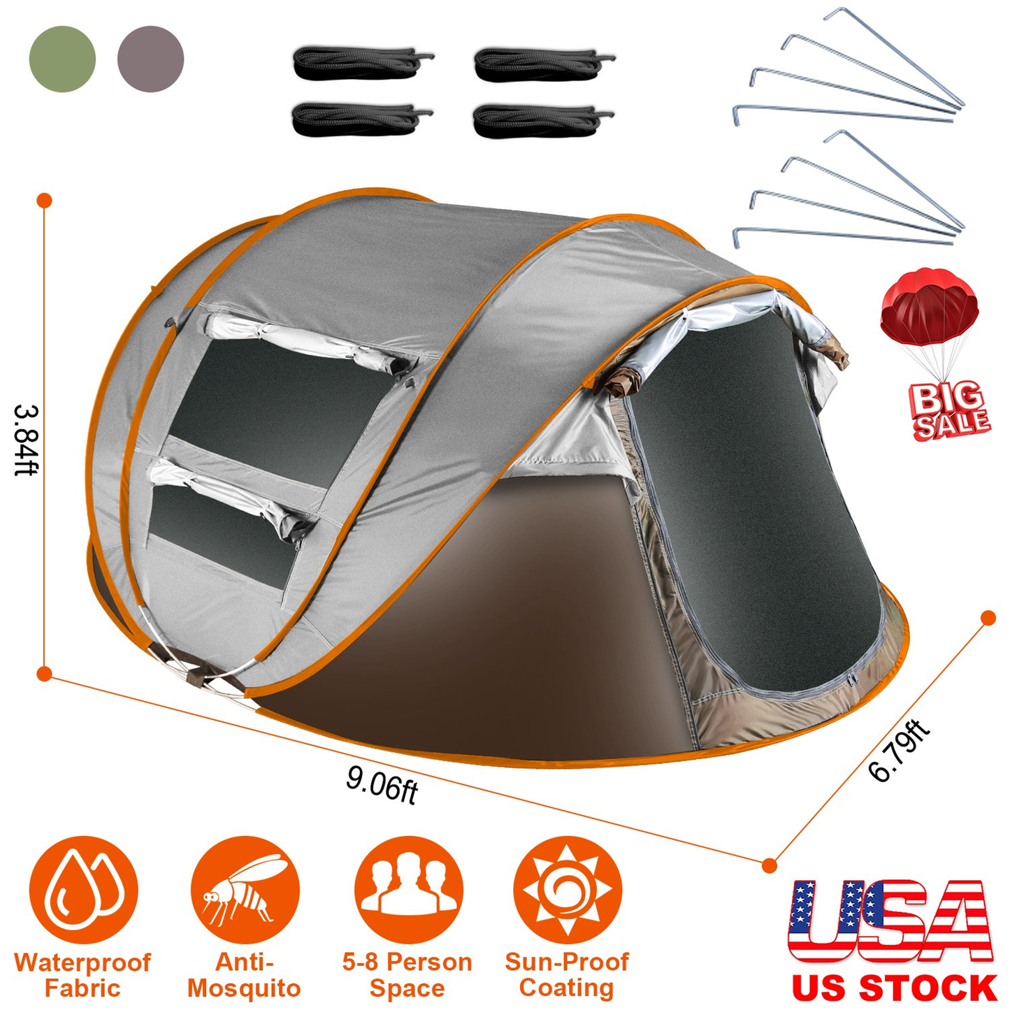 5-8 Person Pop Up Tent Automatic Setup - Khaki