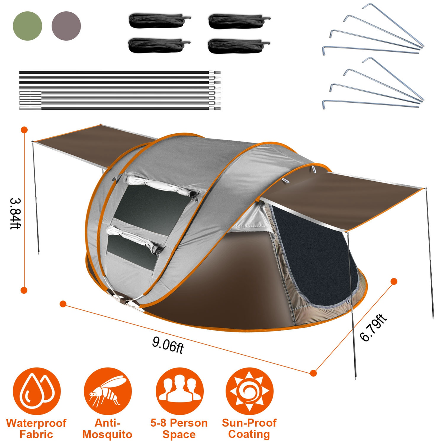 5-8 Person Pro Pop Up Tent Automatic Setup - Khaki