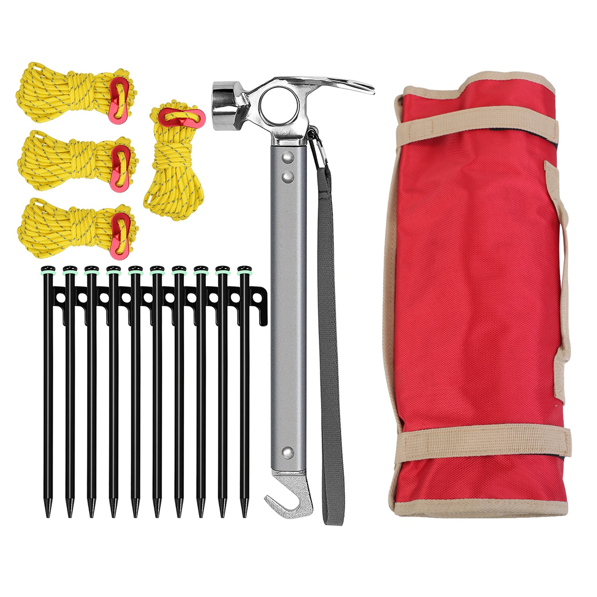 Camping Tent Stakes Set with Hammer and Reflective Ropes