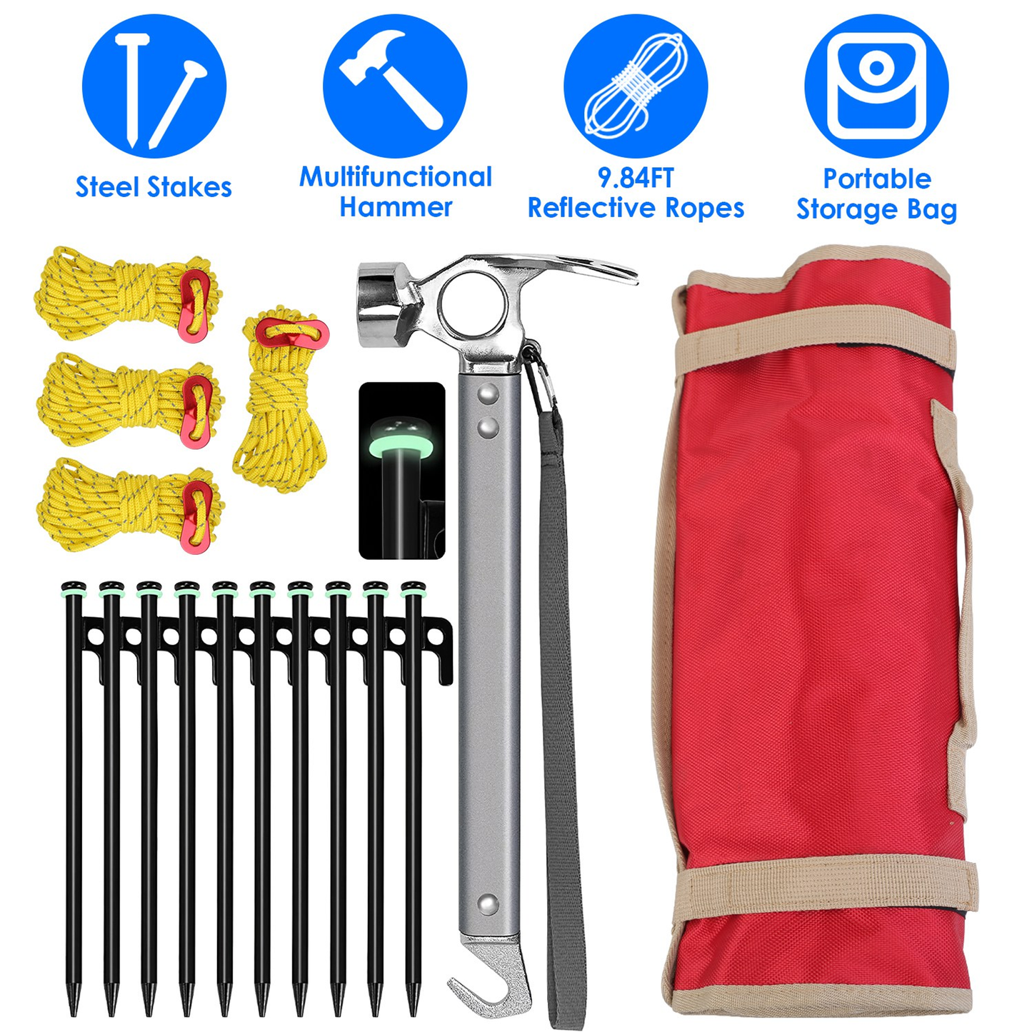 Camping Tent Stakes Set with Hammer and Reflective Ropes