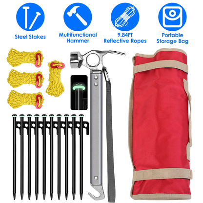 Camping Tent Stakes Set with Hammer and Reflective Ropes