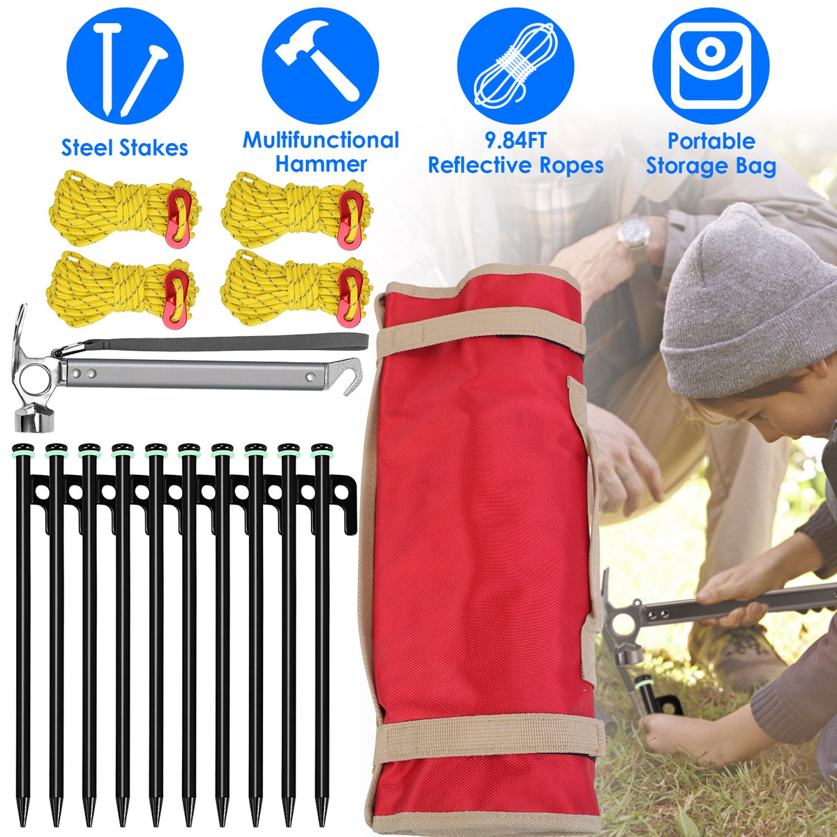 Camping Tent Stakes Set with Hammer and Reflective Ropes