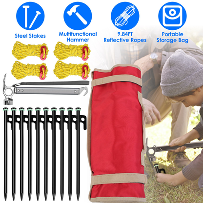 Camping Tent Stakes Set with Hammer and Reflective Ropes