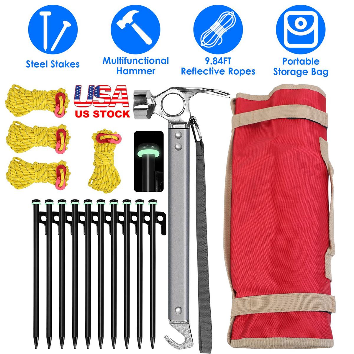 Camping Tent Stakes Set with Hammer and Reflective Ropes