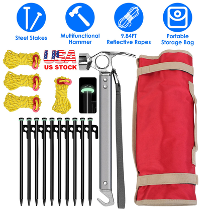Camping Tent Stakes Set with Hammer and Reflective Ropes
