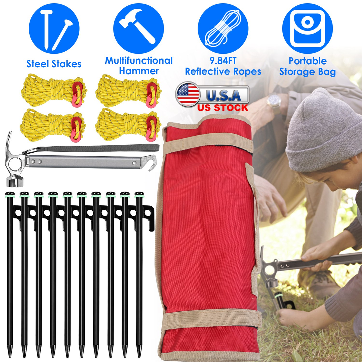 Camping Tent Stakes Set with Hammer and Reflective Ropes