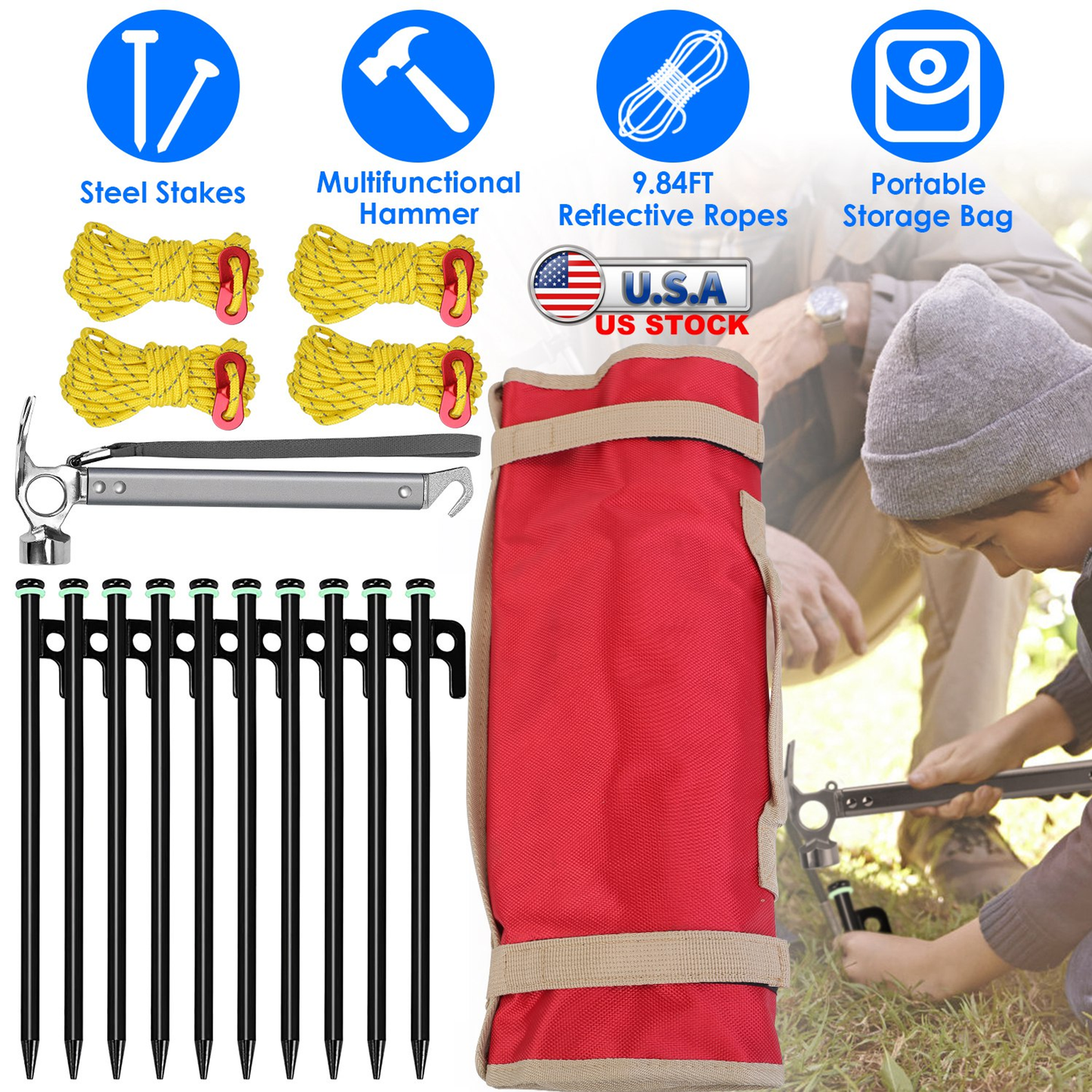 Camping Tent Stakes Set with Hammer and Reflective Ropes