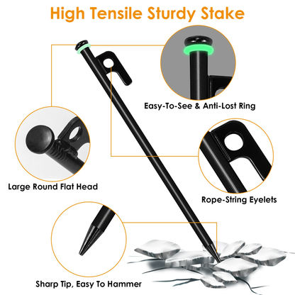 Camping Tent Stakes Set with Hammer and Reflective Ropes