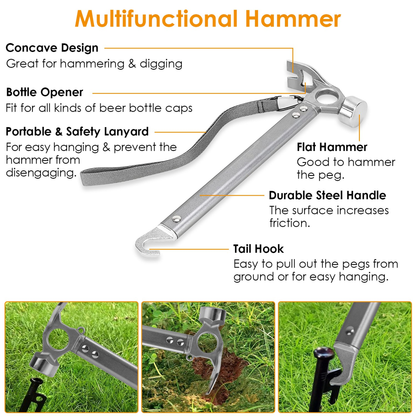 Camping Tent Stakes Set with Hammer and Reflective Ropes